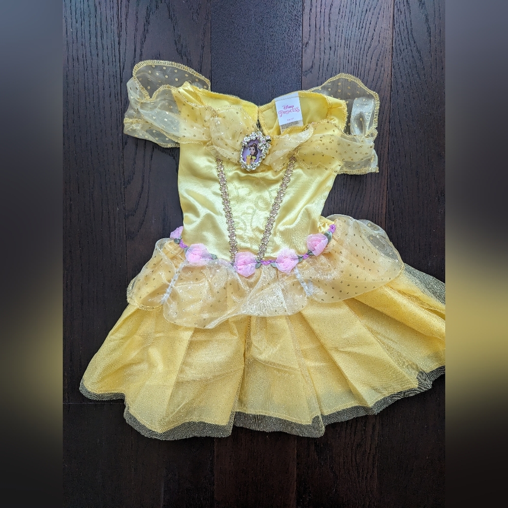 Disney Princess Belle Dress yellow with Pink rose and golden Accents Genuine